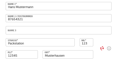 Richtige Packstation Adresse Formular mit Feldern für Name, ID, Beruf und weitere Angaben.